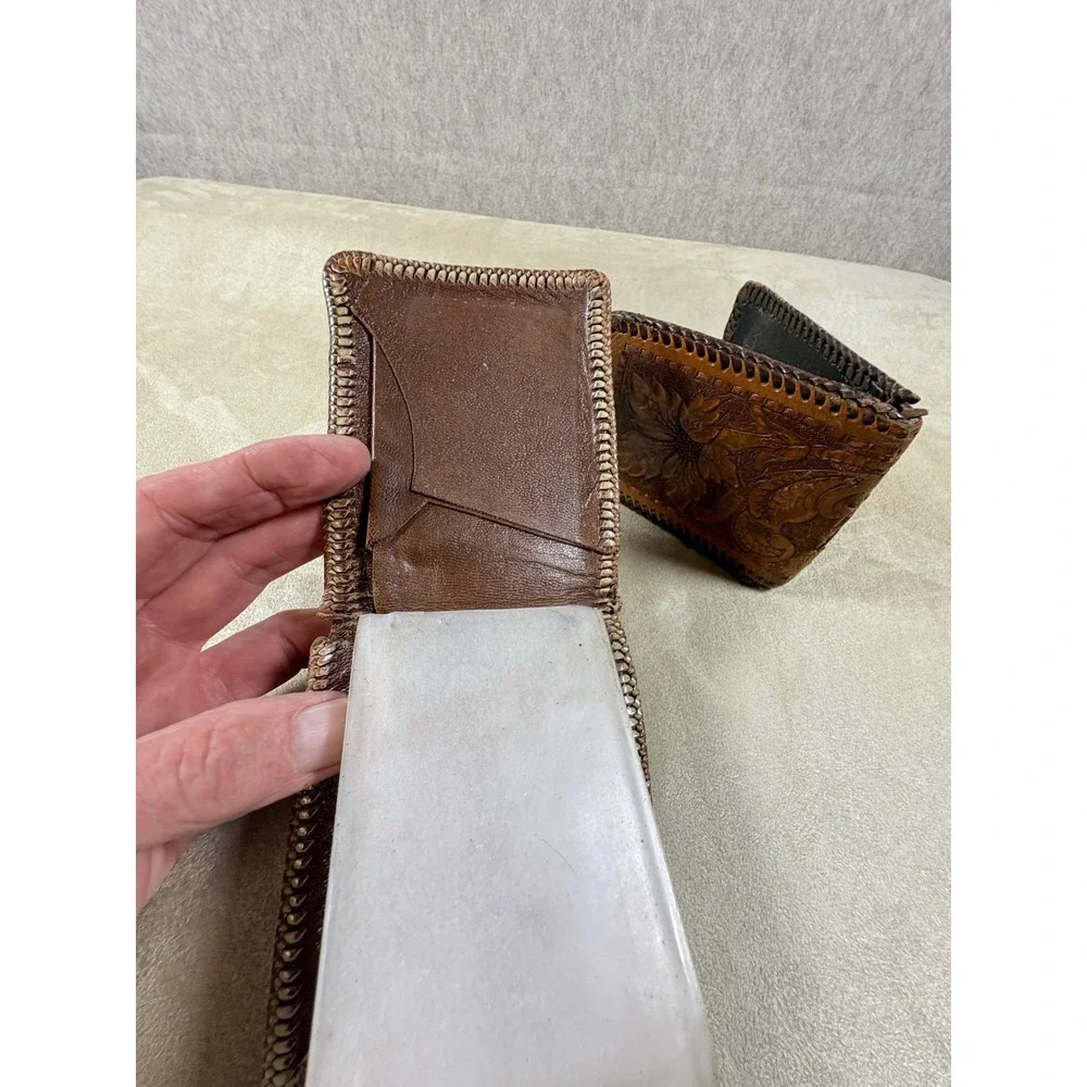 Vintage Hand Tooled Leather Wallet Set Mens Floral Western Bifold Whipstitch 2pc